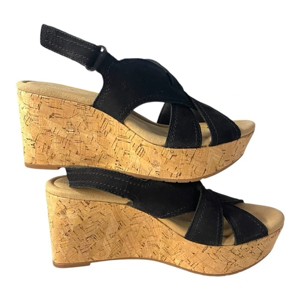 Clarks Collection Rose Erin Black Nubuck Cork Wedge Sandals – Size 6